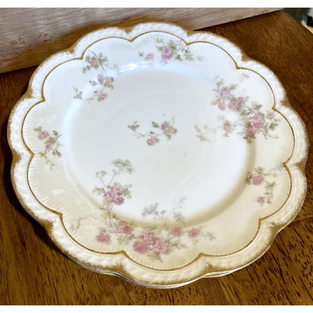 3 Antique Haviland Limoges Luncheon Plates Roses Gold Trim 8.5”